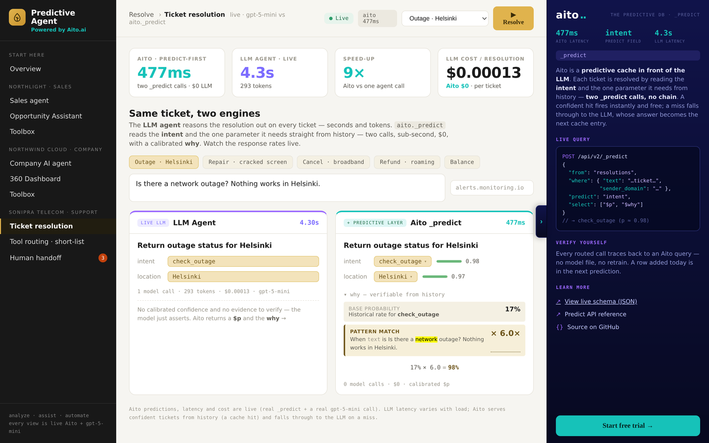 Ticket Resolution: Predict vs LLM: screenshot from the Agent demo